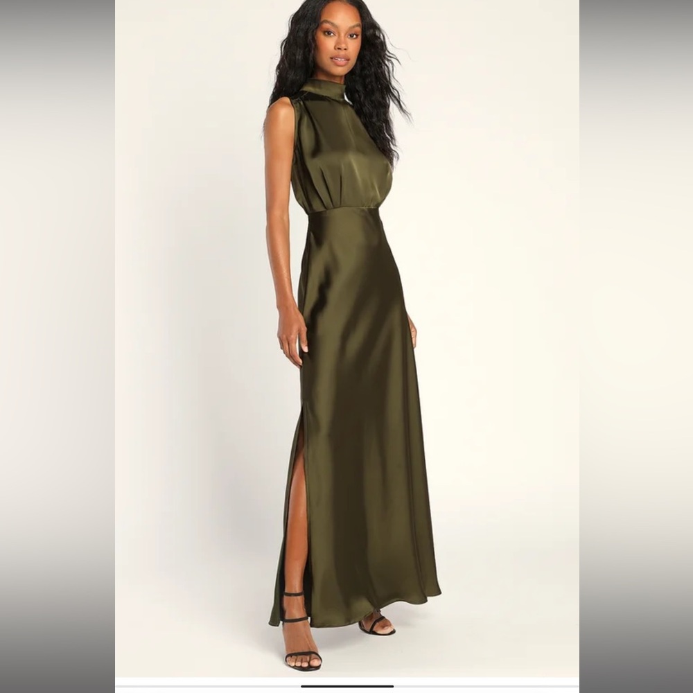 Lulus Classic Elegance Olive Satin Sleeveless Mock Neck Maxi Dress
